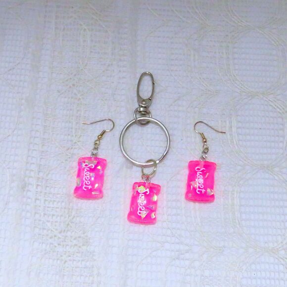 Hot Pink Dangle Earrings and Key Chain Set, Handmade Drop Earrings & Purse Charm - Picture 1 of 7